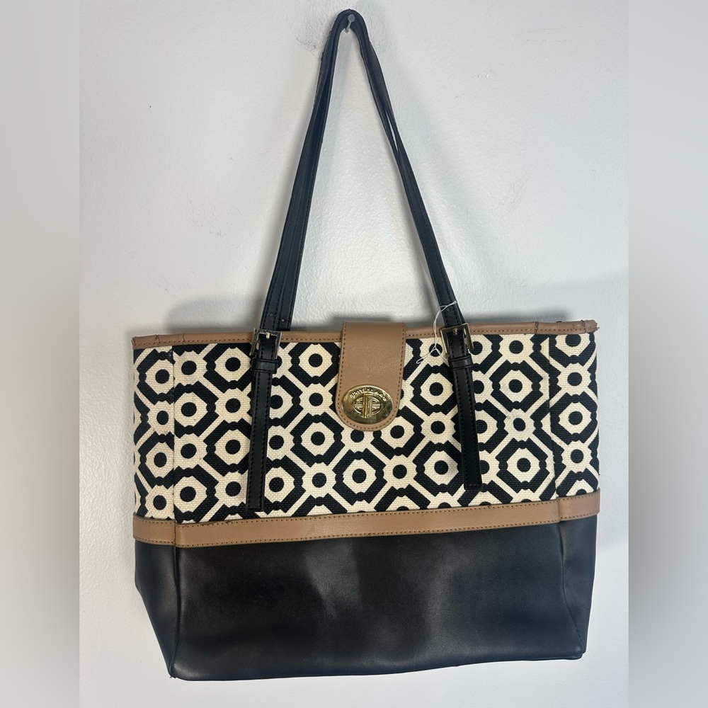 Stylish Spartina 449 Black, White, and Tan Leather and Textile Tote Bag